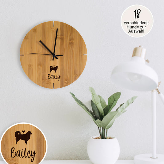 Holz-Uhr "Wunschtext + Hunde-Silhouette" mit Gravur | personalisiert | Geschenk, Hunde