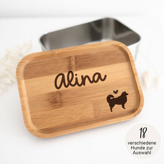 Lunchbox "Hunde-Silhouette + Herz" mit Bambusdeckel | personalisiert | Brotdose, Geschenk