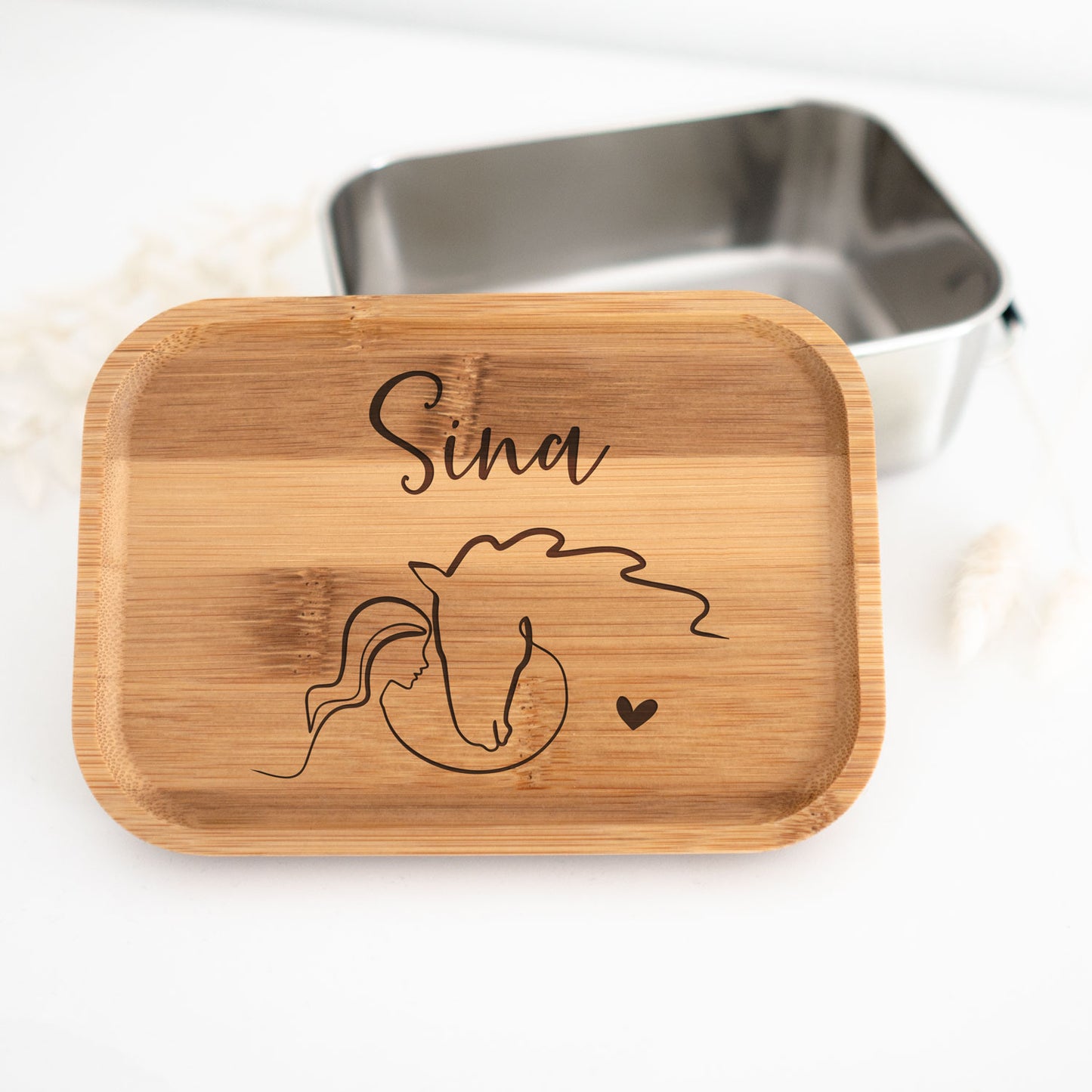 Lunchbox "Pferdeliebe" mit Bambusdeckel | Design: Lines | personalisiert | Brotdose, Geschenk