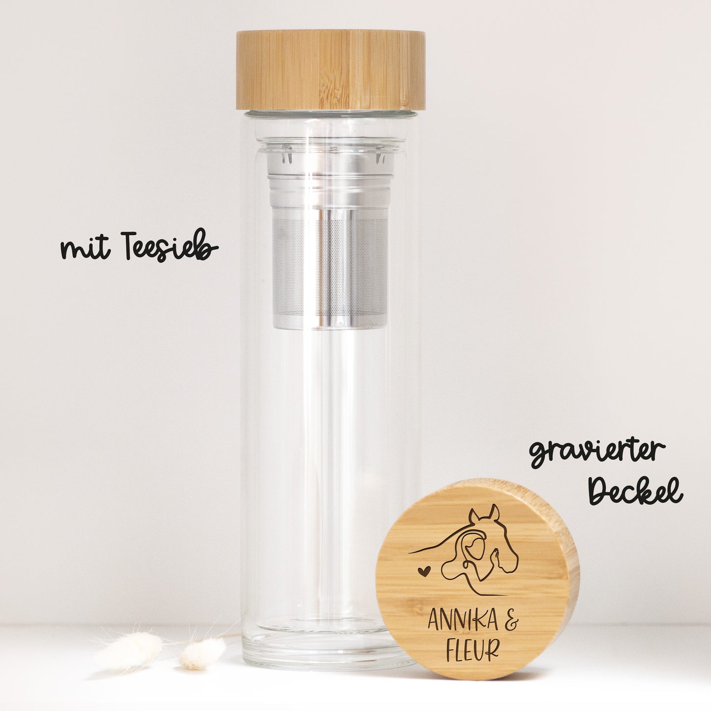Glasflasche mit Teesieb "Pferdeliebe + Wunschtext" | personalisiert | Geschenk, Geschenkidee